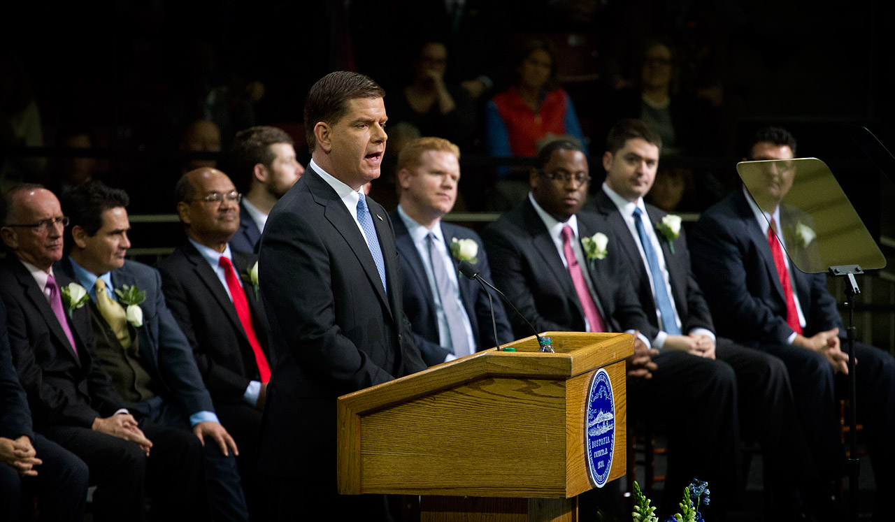 Walsh speaks during his inaugural address at Boston College’s Conte Forum. (Jesse Costa/WBUR)
