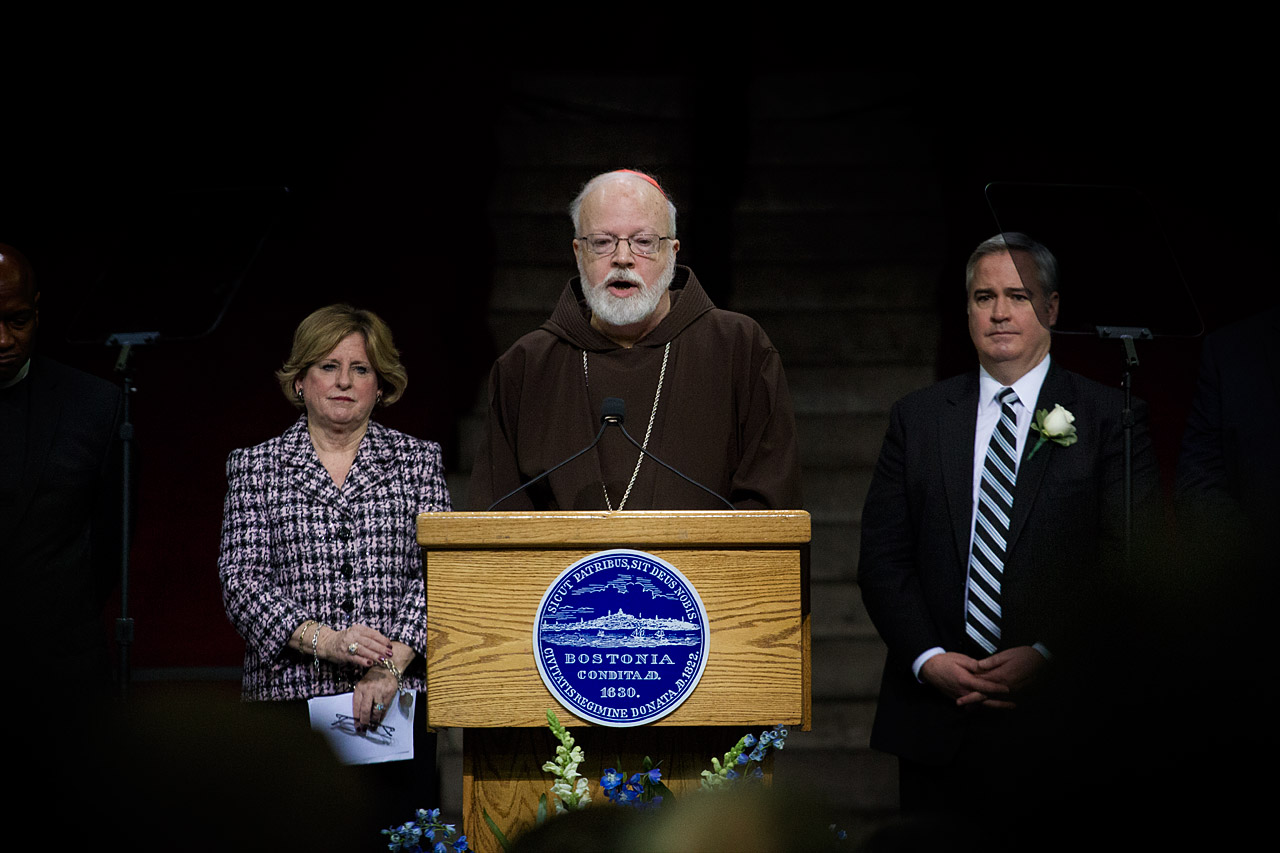 Cardinal Sean O'Malley with the opening prayer for the ceremony. (Jesse Costa/WBUR)