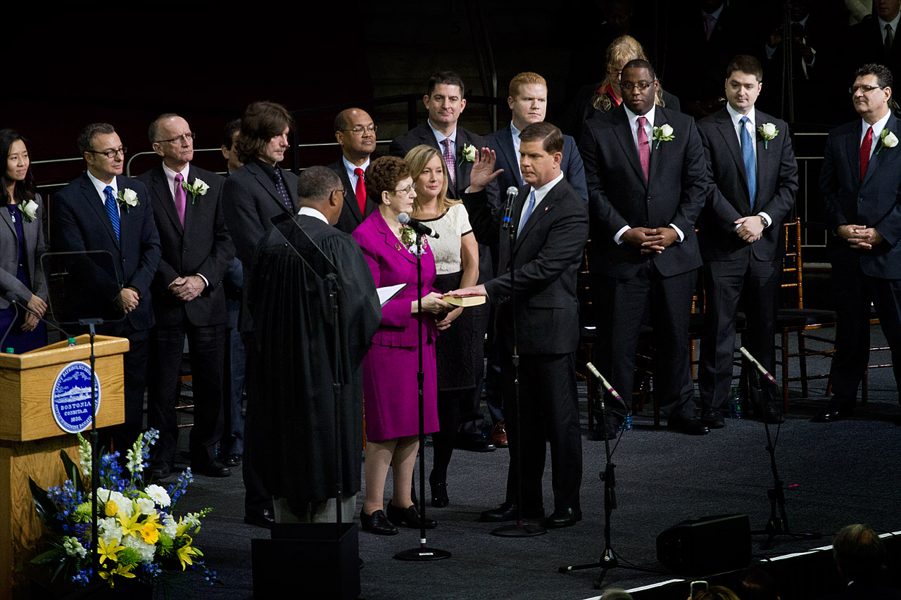 Walsh takes the oath of office, administered by Supreme Judicial Court Chief Justice Roderick Ireland. (Jesse Costa/WBUR)
