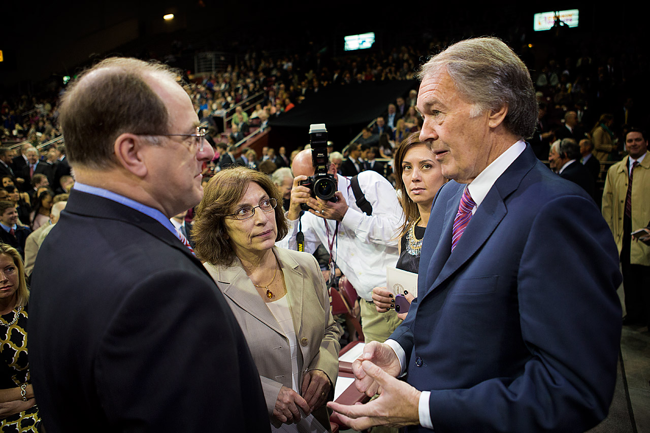 U.S. Rep. Michael Capuano and U.S. Sen. Edward Markey greet one another before the ceremony. (Jesse Costa/WBUR)