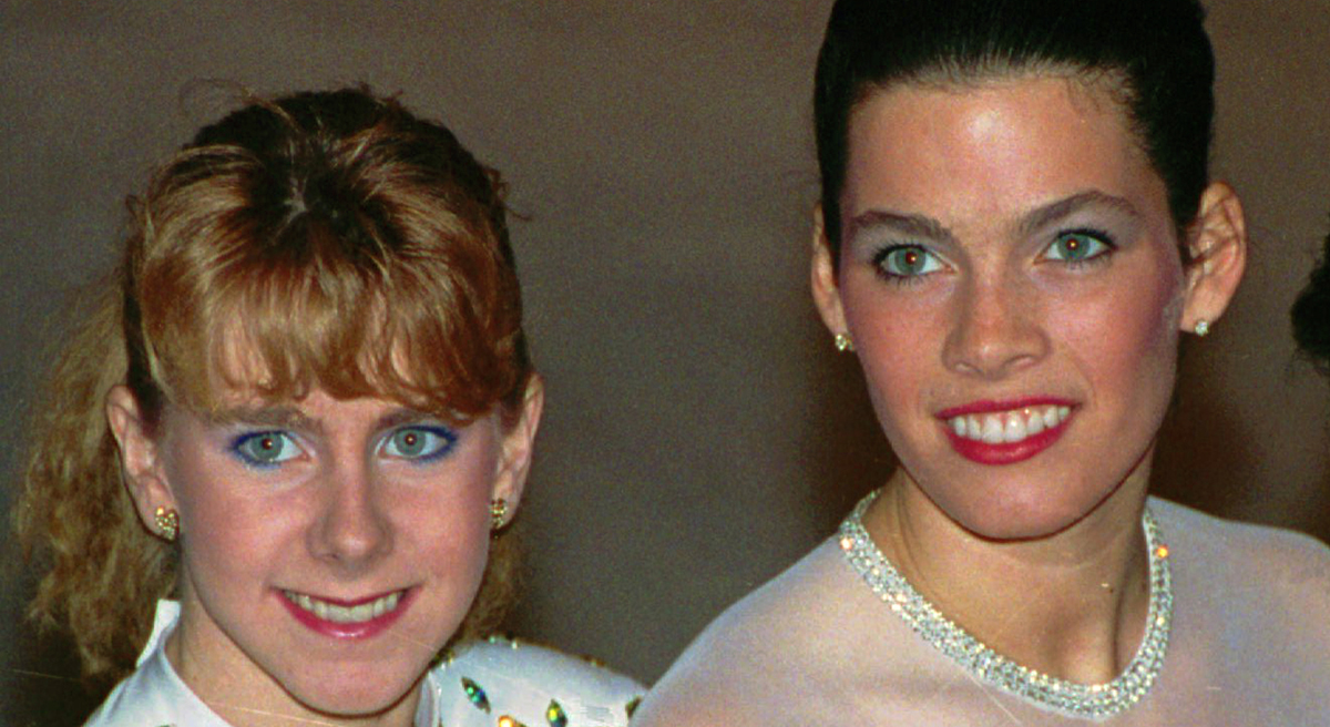 Former dance partners Nancy Kerrigan (right) and Tonya Harding. (Phil Sandlin/AP)