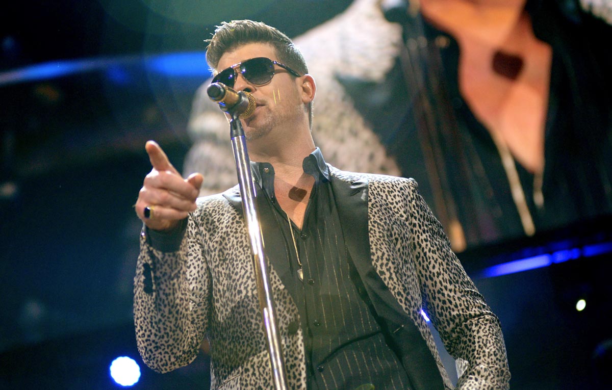 This year, Berklee alum Tony Maserati is nominated for his work on "Blurred Lines" from Robin Thicke (pictured). (Evan Agostini/Invision/AP)
