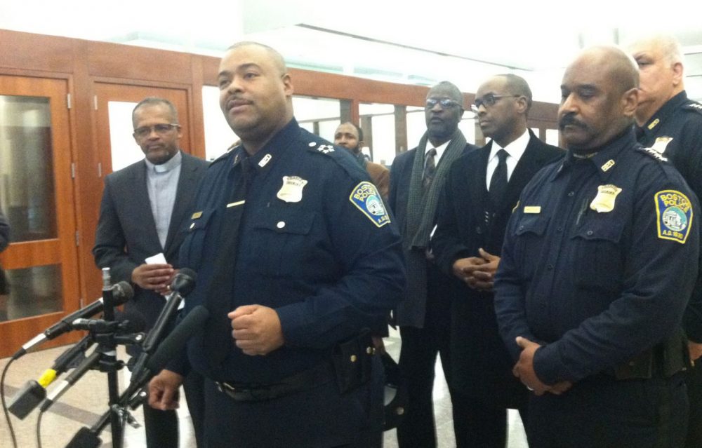 BPD Superintendent in Chief William Gross talks with reporters after meeting with Boston clergy. (Delores Handy/WBUR)