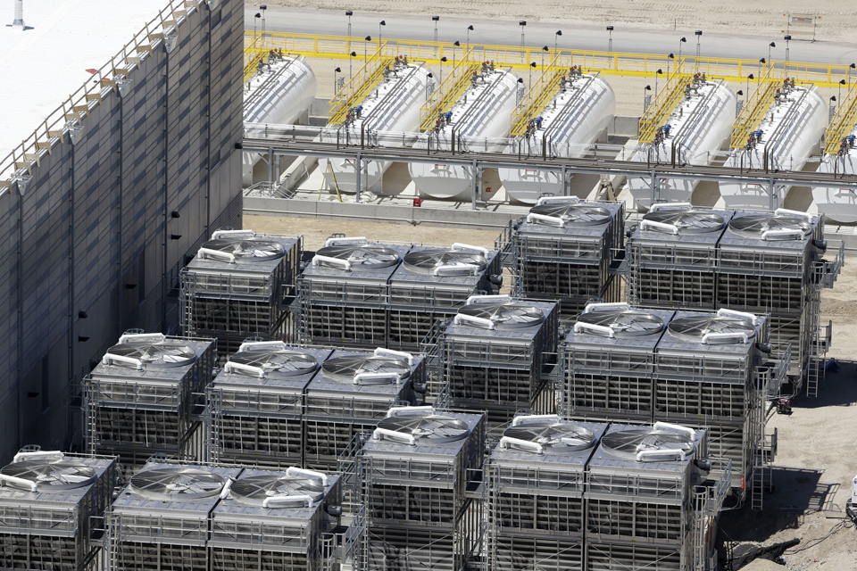 A June 6, 2013, file photo, is an aerial view of the cooling units at the NSA's Utah Data Center in Bluffdale, Utah. Electrical failures are complicating the opening of the National Security Agency’s largest data storage center. (AP)