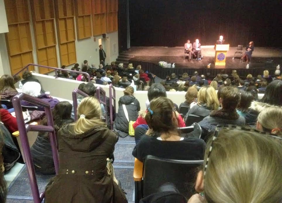 Nearly 400 parents attended Tuesday night&#039;s community forum on teen suicide at Newton South High School. (Martha Bebinger/WBUR)