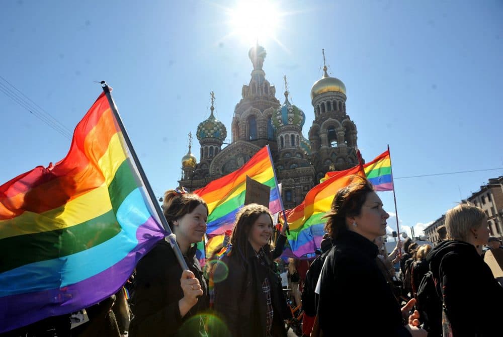 One of the many protests of Russia's anti-gay laws. (OLGA MALTSEVA/AFP/Getty Images)