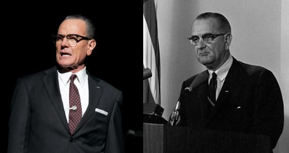 At left, Bryan Cranston is pictured as Lyndon Johnson in "All the Way." At right is Lyndon Johnson. (Evgenia Eliseeva/American Repertory Theater)