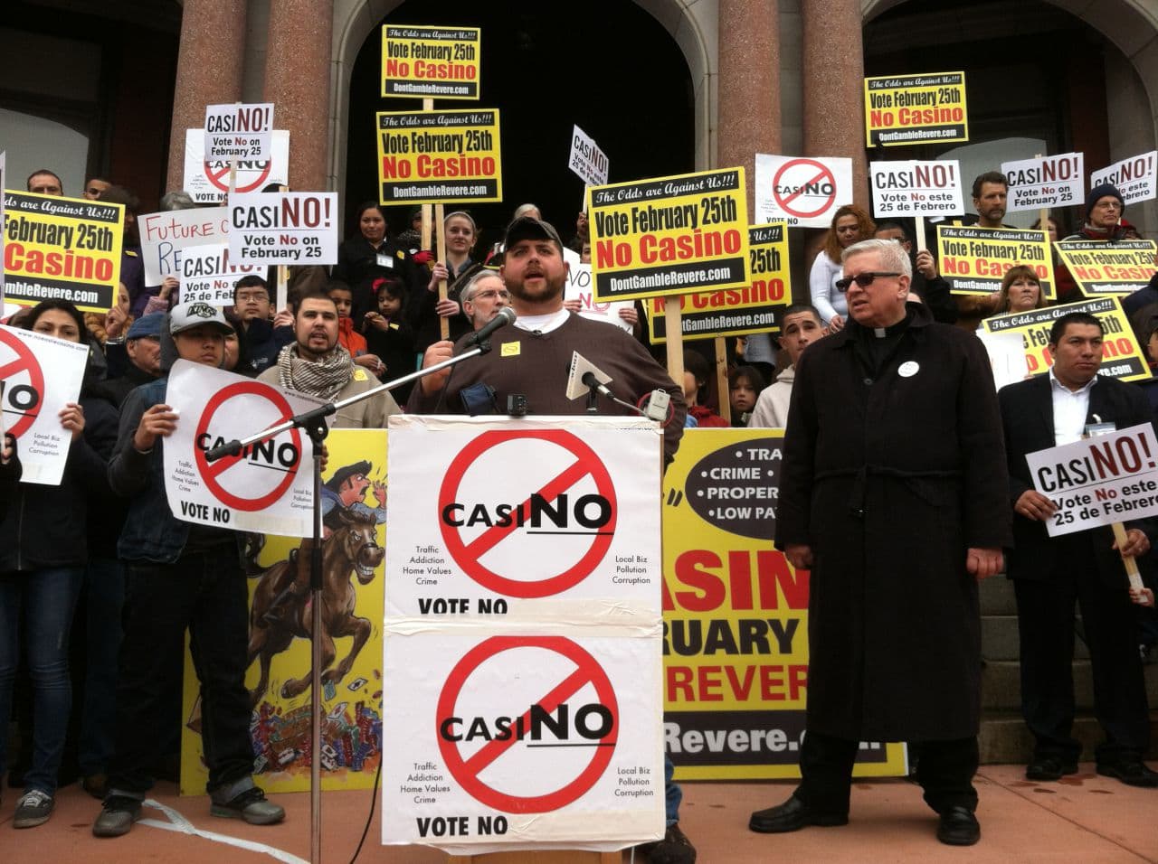 Joseph Catricala speaks out against the proposed $1 billion casino in Revere. (Jack Lepiarz/WBUR)