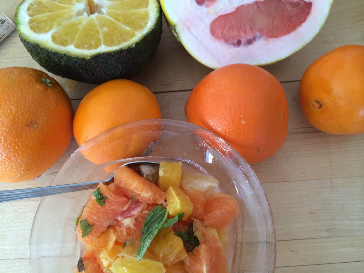 A citrus and mint salad with "Blood Orange Syrup." (Kathy Gunst/Here & Now)