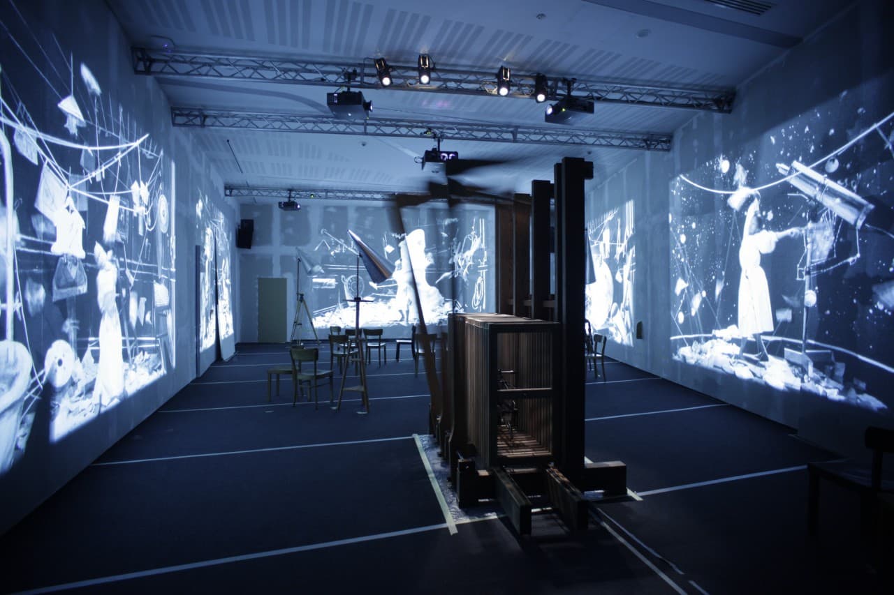 William Kentridge, The Refusal of  Time, 2012. A Collaboration with  Philip Miller, Catherine Meyburgh  and Peter Galison. Five-channel  video with sound, 30 min, with  megaphones and breathing  machine ('elephant'). Installation at  MAXXI Museo nazionale delle arti  del XXI secolo, Roma. Image  courtesy of Fondazione MAXXI.  (Credit: Matteo Monti)