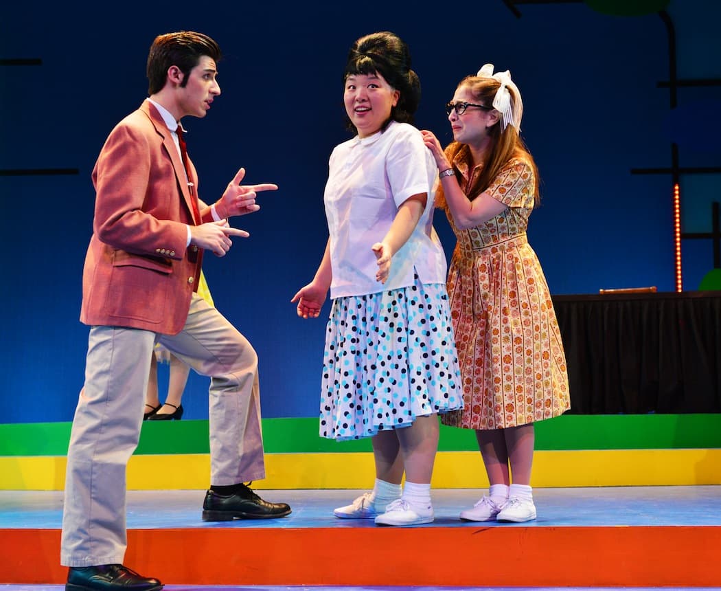 Michael Notardonato, Jenna Lea Scott and Jennifer Beth Glick in "Hairspray" at Wheelock Family Theatre. (Gary Ng)