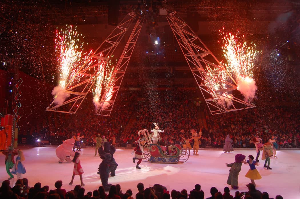 Fireworks light up the Christmas finale of “Disney On Ice: Let’s Celebrate!