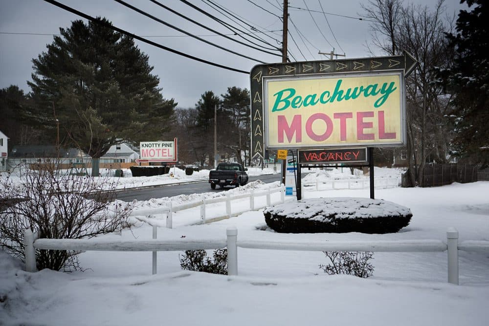 The Beachway and the Knotty Pine Motels on Beach Road are accustomed to hosting vacationers during the summer. Cheaper, weekly rates during the winter months attract a different transient population to the area. (Jesse Costa/WBUR)