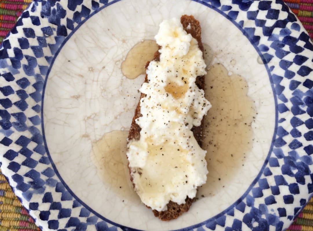"Open-Faced Fresh Ricotta Cheese on Whole Grain Bread with Maple Syrup" (Kathy Gunst/Here & Now)