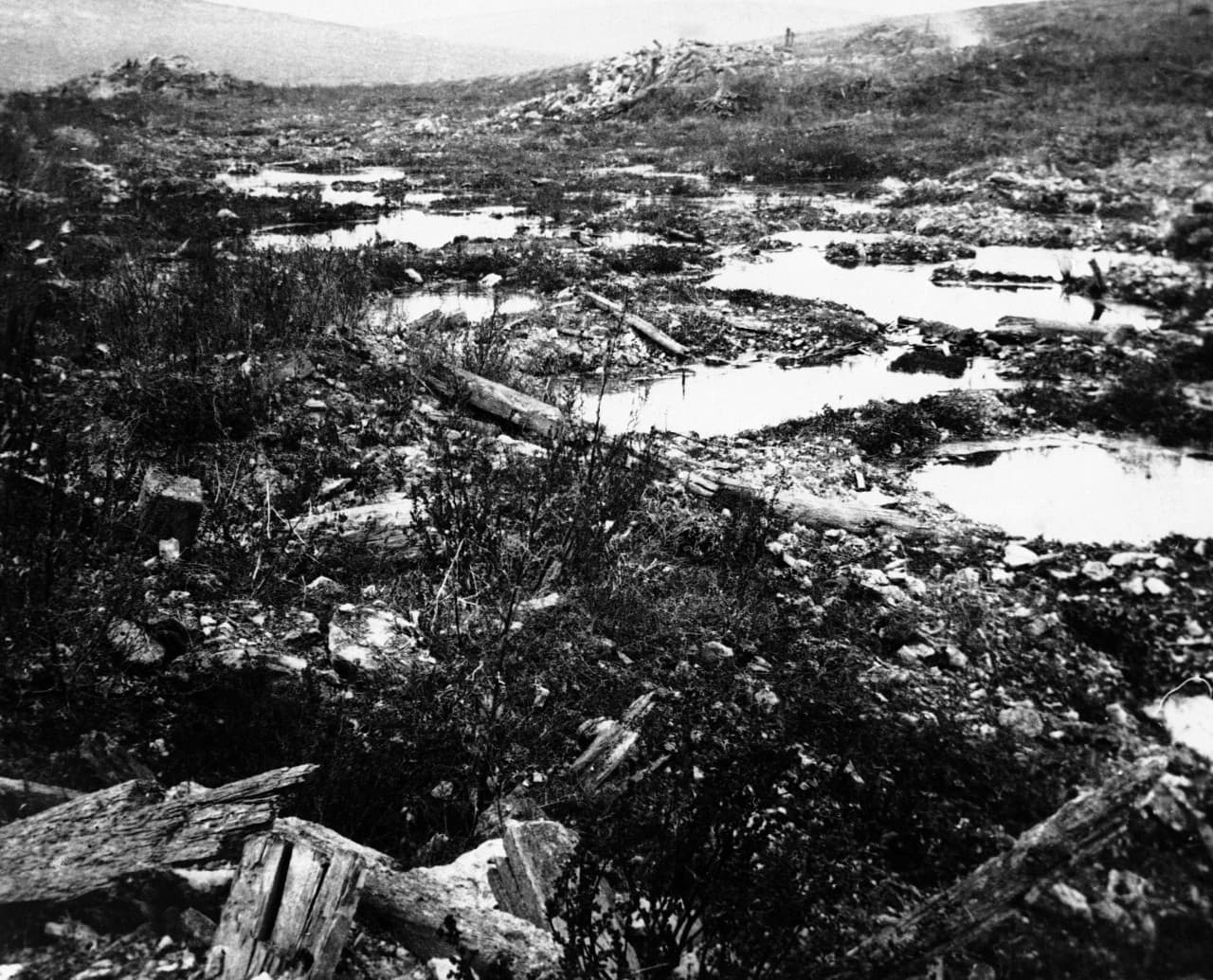 A photo taken circa 1917-1918 shows a World War I battlefield near Verdun, France, showing holes made by bombs filled with water. (AP)