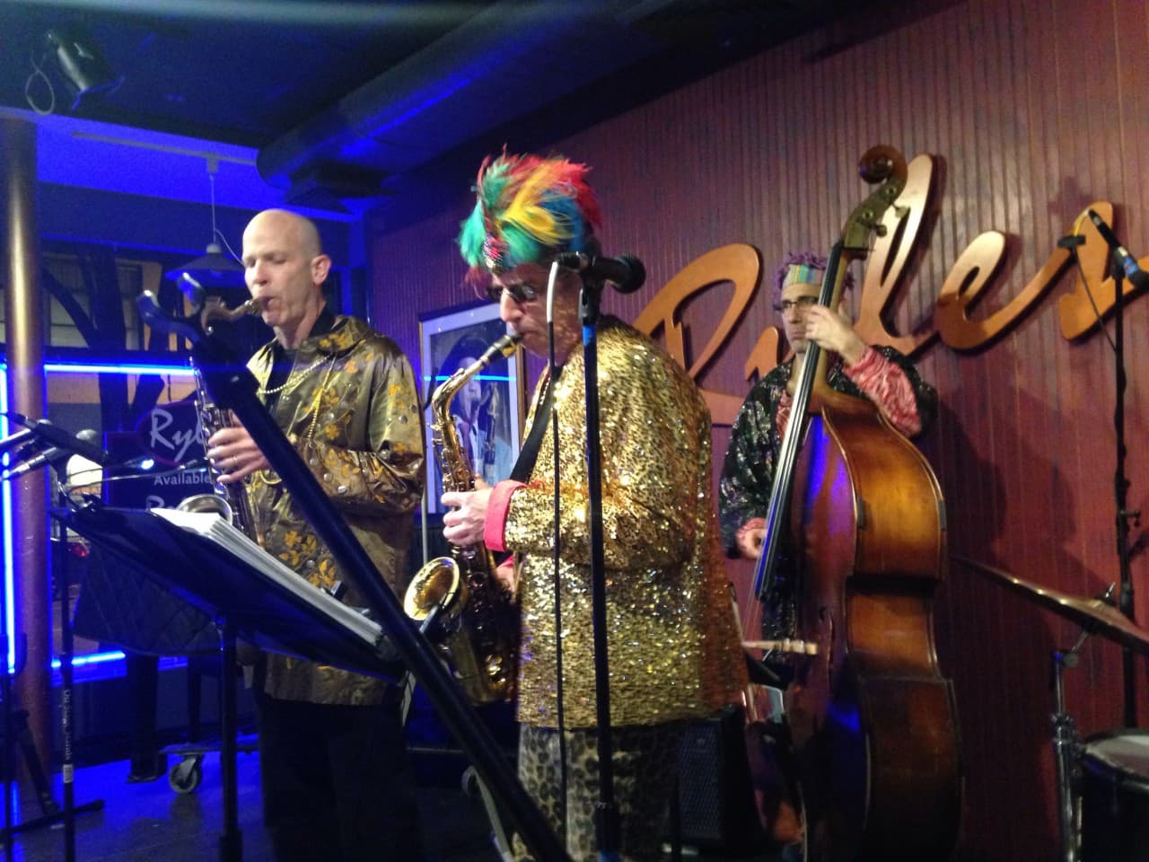 Tom Hall, Ken Field and Blake Newman of Revolutionary Snake Ensemble play at Ryles Jazz Club in Cambridge, Mass. (WBUR/Kathleen McNerney)