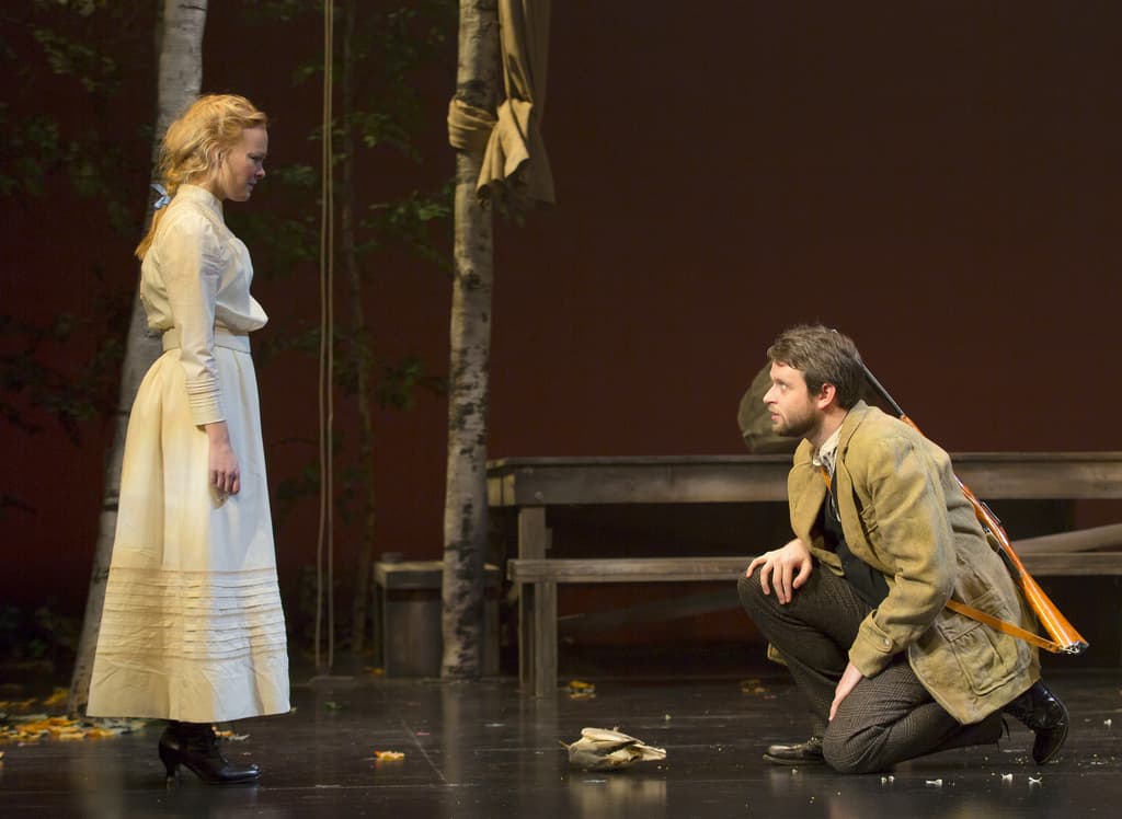 Auden Thornton and Morgan Ritchie (and a very dead title character) in "The Seagull" at the Huntington Theatre Company. (T. Charles Erickson)