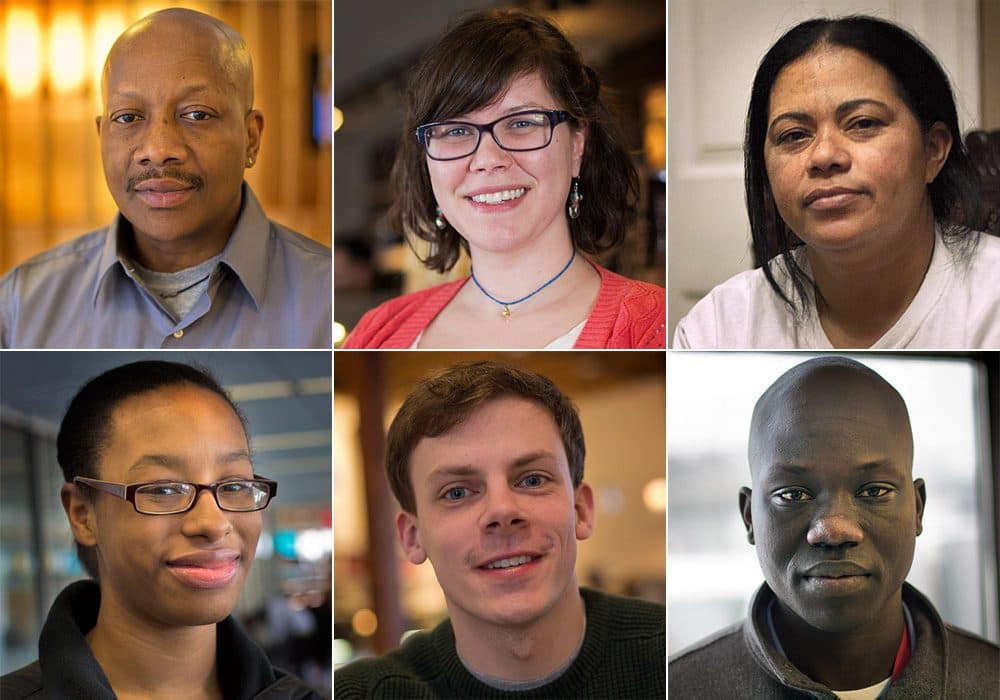 From left, clockwise: Larry, Allison, Ines, Emmanuel, Tom and Jordan (WBUR)