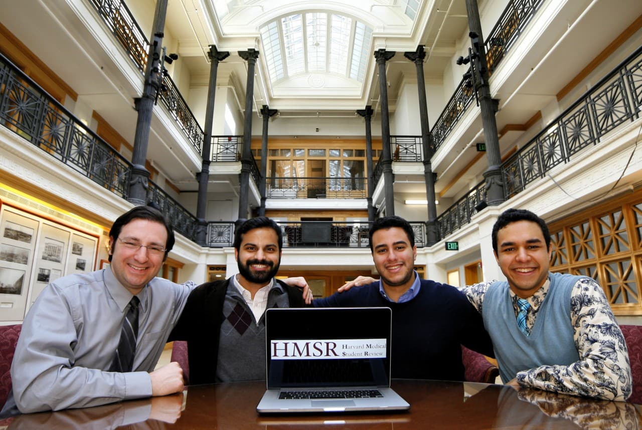 Harvard Medical Student Review co-founders, from left to right: Teaching assistant Adam Frange, students Jay Kumar, Omar Abudayyeh, Noor Beckwith