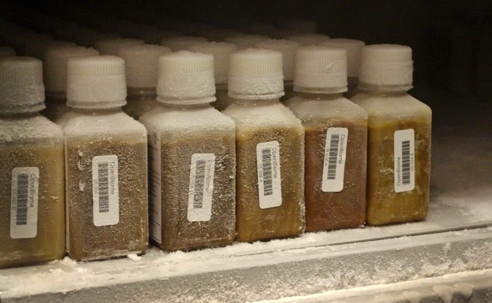 Bottles of frozen human stool for fecal transplants at the nation's first stool bank, OpenBiome. (Photo: Gabrielle Emanuel/WBUR)