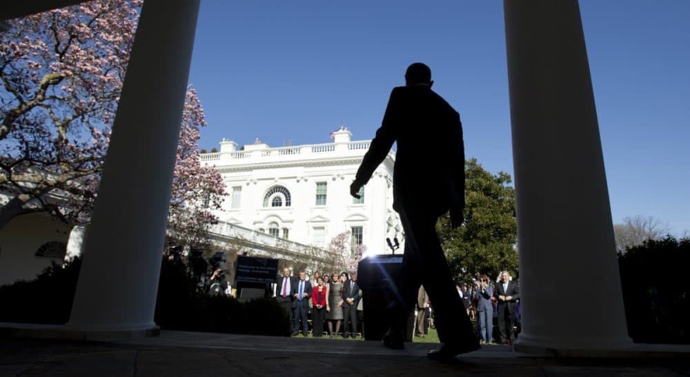 President Barack Obama arrives in the Rose Garden, Tuesday, April 1, 2014, to trumpet 7.1 million signups under the Affordable Care Act. (Carolyn Kaster/AP)