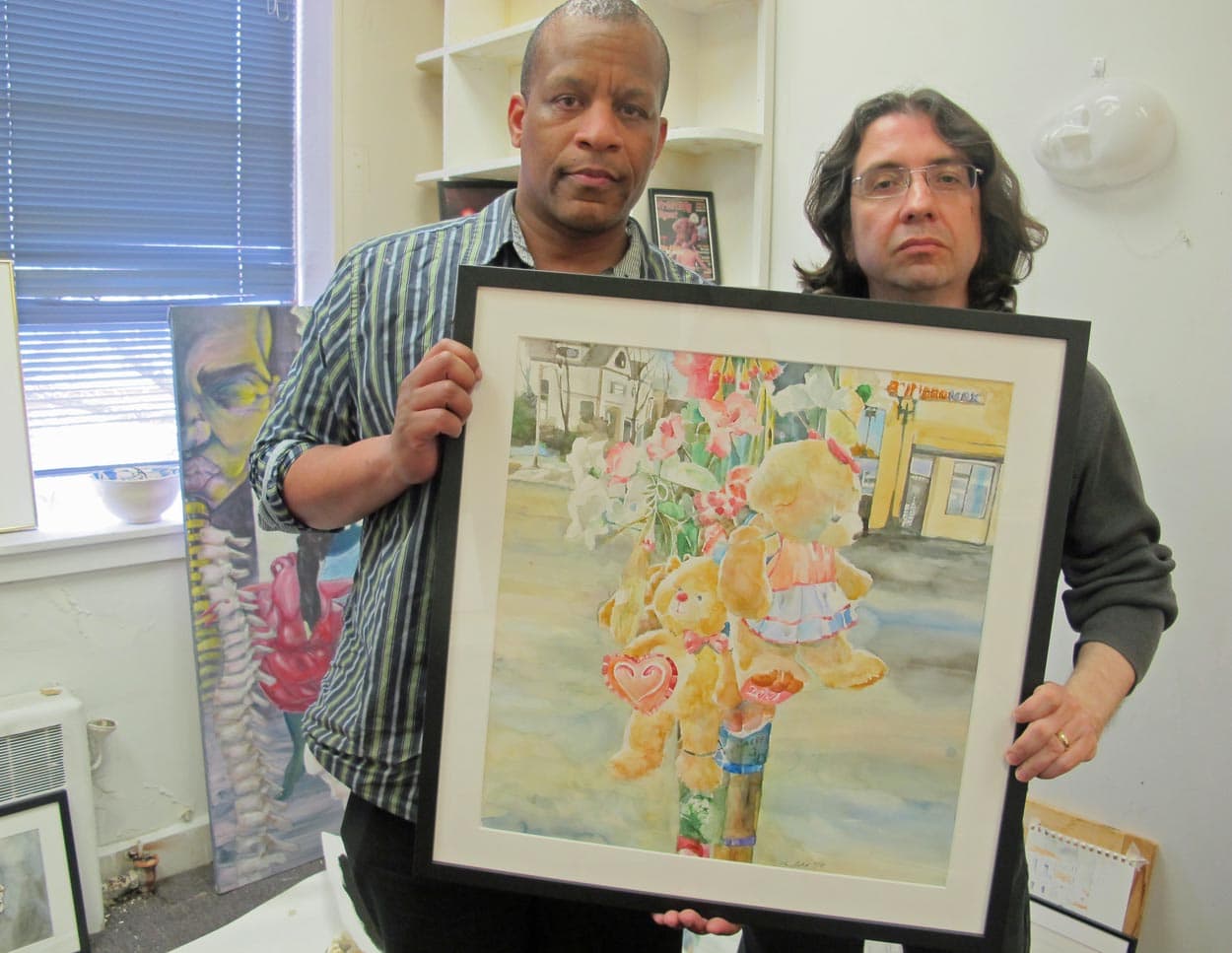 Artists Shea Justice, left, and Jason Pramas are using the marathon anniversary to raise questions and provoke debate with their art show "Boston Strong?." This painting, by Justice, shows a memorial in Egelston Square, Roxbury. (Andrea Shea/WBUR)