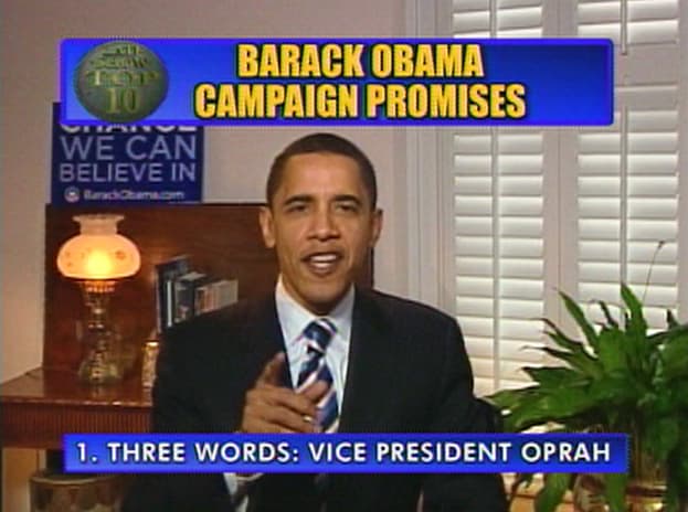 In this image released by CBS, presidential hopeful, Sen. Barack Obama, delivers his "Top Ten Campaign Promises" on  "The Late Show with David Letterman," Jan. 24, 2008. (AP)