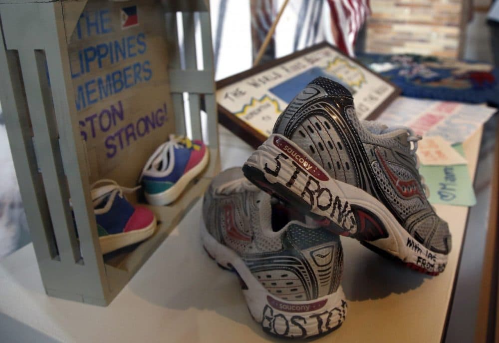 Part of an exhibit entitled &quot;Dear Boston: Messages from the Marathon Memorial&quot; is on display at the Boston Public Library in Boston, Monday, April 7, 2014. Messages of resilience, solidarity, hope and love are embodied at the memorial exhibit commemorating the anniversary of the Boston Marathon bombings. (AP)