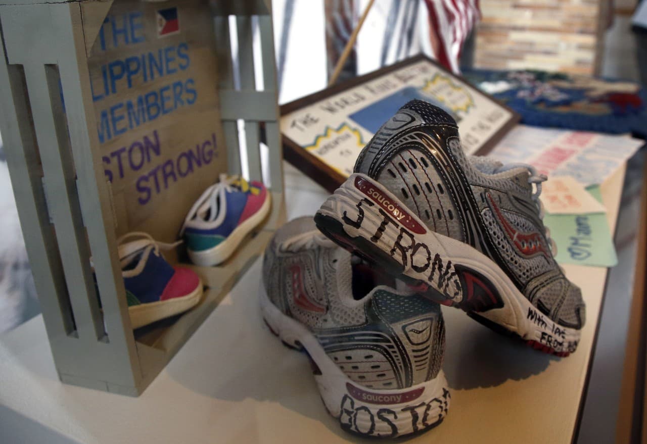 Part of an exhibit entitled "Dear Boston: Messages from the Marathon Memorial" is on display at the Boston Public Library in Boston, Monday, April 7, 2014. Messages of resilience, solidarity, hope and love are embodied at the memorial exhibit commemorating the anniversary of the Boston Marathon bombings. (AP)