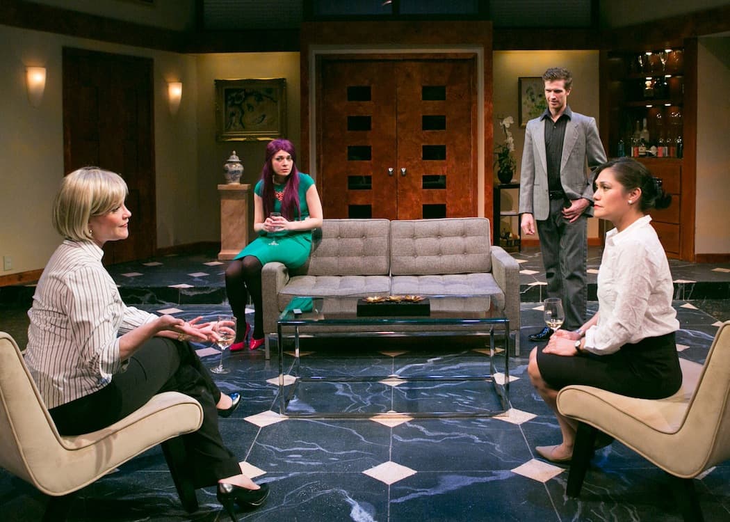 Amelia Broome and Celeste Oliva, front, and Sasha Castroverde and Joe Short (rear), the cast of "Rich Girl" at the Lyric Stage Company of Boston. (Mark S. Howard)
