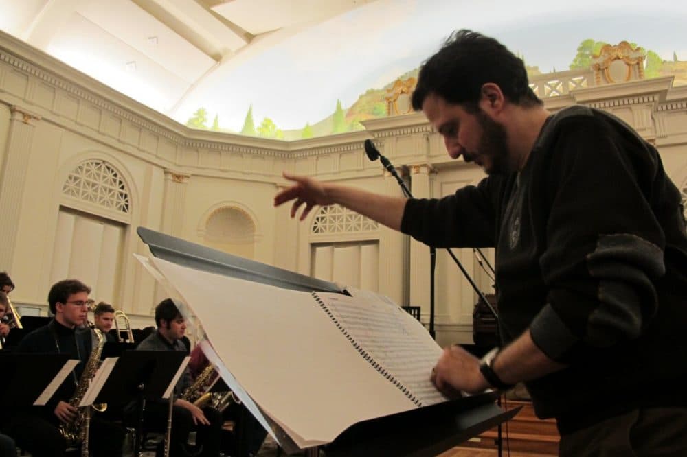 Mehmet Ali Sanlikol at rehearsal in Roslindale, Mass. (WBUR/Tim Skoog)