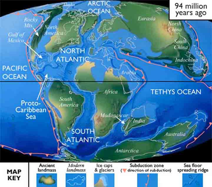 A rough map of the Earth and its major landmasses from 94 million years ago, when modern day Montana was absolutely crawling with dinosaurs. (Texas Geology)