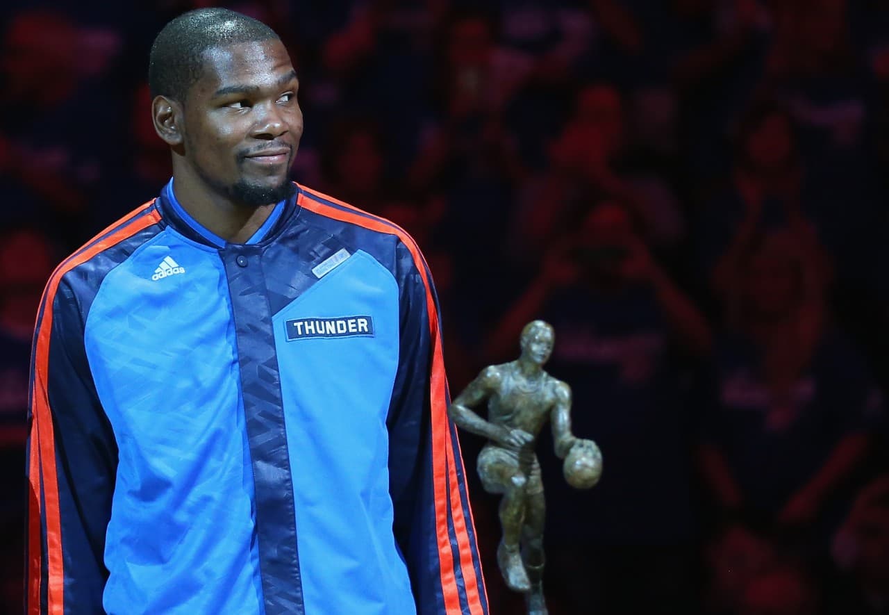 Kevin Durant was named this year's NBA MVP -- finally breaking through and becoming better than second best. (Ronald Martinez/Getty Images)