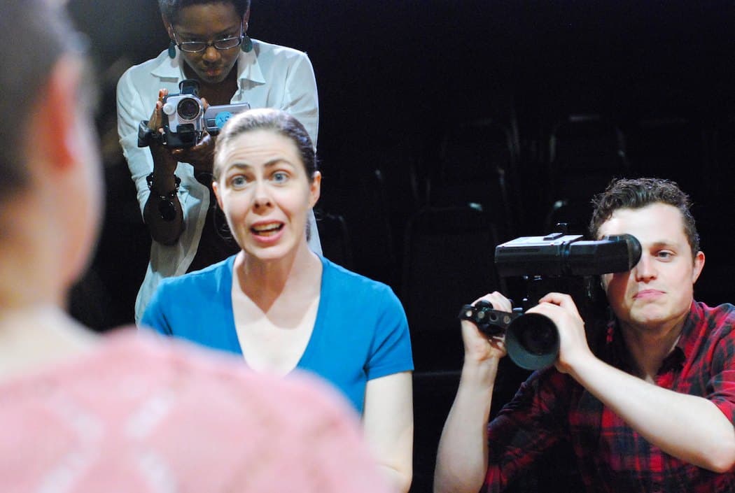 Christine Power as Connie Cuellar conducts an interview shot by Tasia Jones as Tara and William Bowry as Ethan in "Good Television" at the Boston Center for the Arts. (Becca S. Lewis Photography)