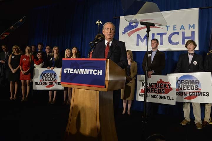 Kentucky Senator Mitch McConnell addresses his supporters following his victory in the republican primary Tuesday, May 20, 2014, at the Mariott Louisville East in Louisville, Ky. (AP)