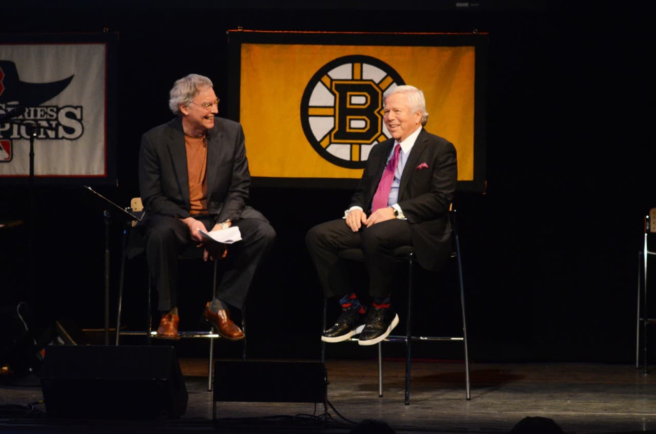 Robert Kraft, who bought the New England Patriots in 1994, joined Bill Littlefield for Only A Game's 20th anniversary celebration. (Robin Lubbock/WBUR)