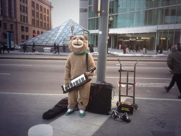 Keytar Bear performs near South Station in Boston. (@BpenfieldJ)