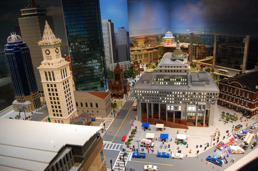 The Prudential Tower, Custom House Tower, Hancock Tower, Boston Public Library’s Copley Square Branch, Trinity Church and Boston City Hall are among the local landmarks replicated in Lego bricks in the “Miniland” display. (Greg Cook)