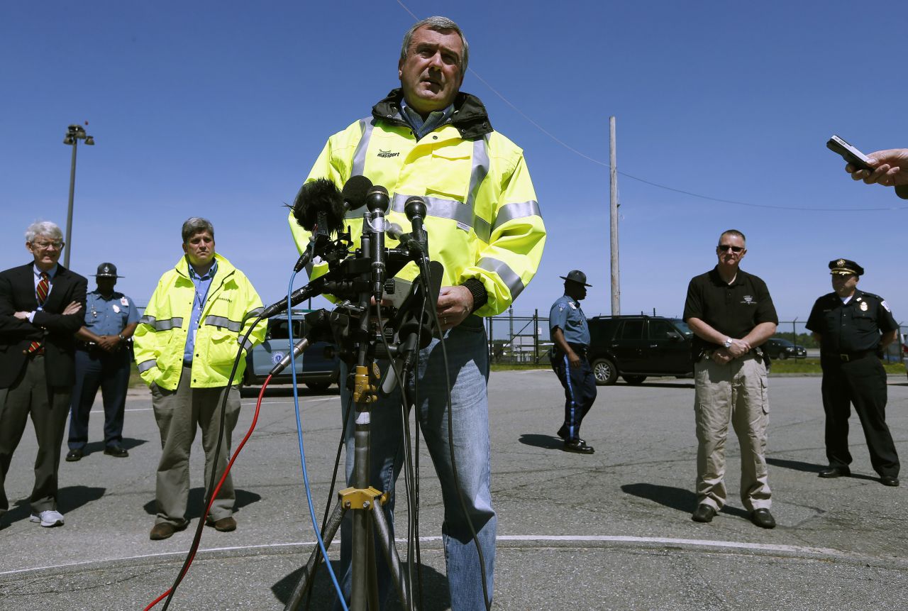 Director of aviation for the Massachusetts Port Authority Ed Freni speaks during a news conference at Hanscom Field in Bedford, Mass., Sunday, June 1, 2014. A Gulfstream IV crashed as it was leaving Hanscom Field at about 9:40 p.m. Saturday for Atlantic City, N.J. There were no survivors. Philadelphia Inquirer co-owner Lewis Katz was killed along with six other people in the crash. (Michael Dwyer/AP)
