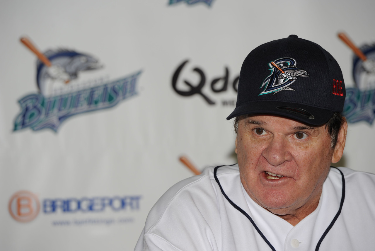 Pete Rose, owner of Major League Baseball's all-time hits record, managed the Bridgeport (Conn.) Bluefish of the Atlantic League for a day. The league is not affiliated with MLB. (Christopher Pasatieri/Getty Images)