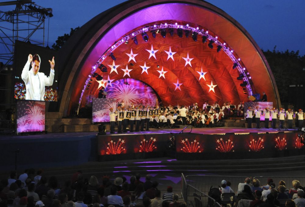 Keith Lockhart conducts the Boston Pops as the US Army Herald Trumpets perform on the Esplanade, in 2009. (Lisa Poole/AP)
