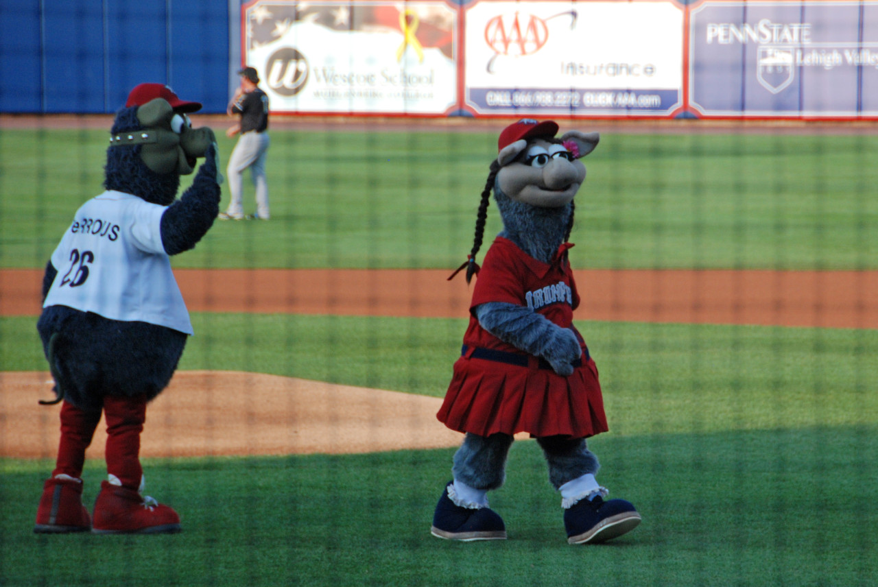 Lehigh Valley IronPigs mascot race with Diggity the Hot Dog and Bacon  during an International League baseball game against the  Scranton/Wilkes-Barre RailRiders on September 25, 2022 at Coca-Cola Park in  Allentown, Pennsylvania. (