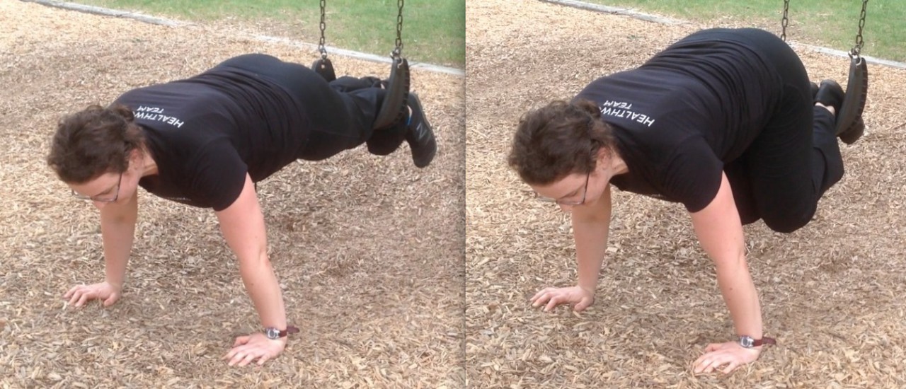 Kat Setzer demonstrates knee tucks on the swing.