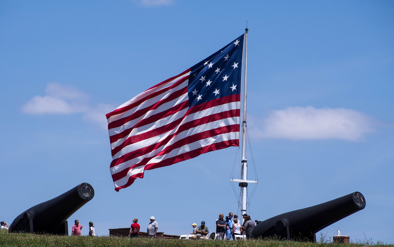 An American flag with 15 stars still flies over Fort McHenry in Baltimore, the site of the Battle of Baltimore during the War of 1812. Francis Scott Key was inspired to pen "Star Spangled Banner" after witnessing the battle. (Danny_Eugene/Flickr)