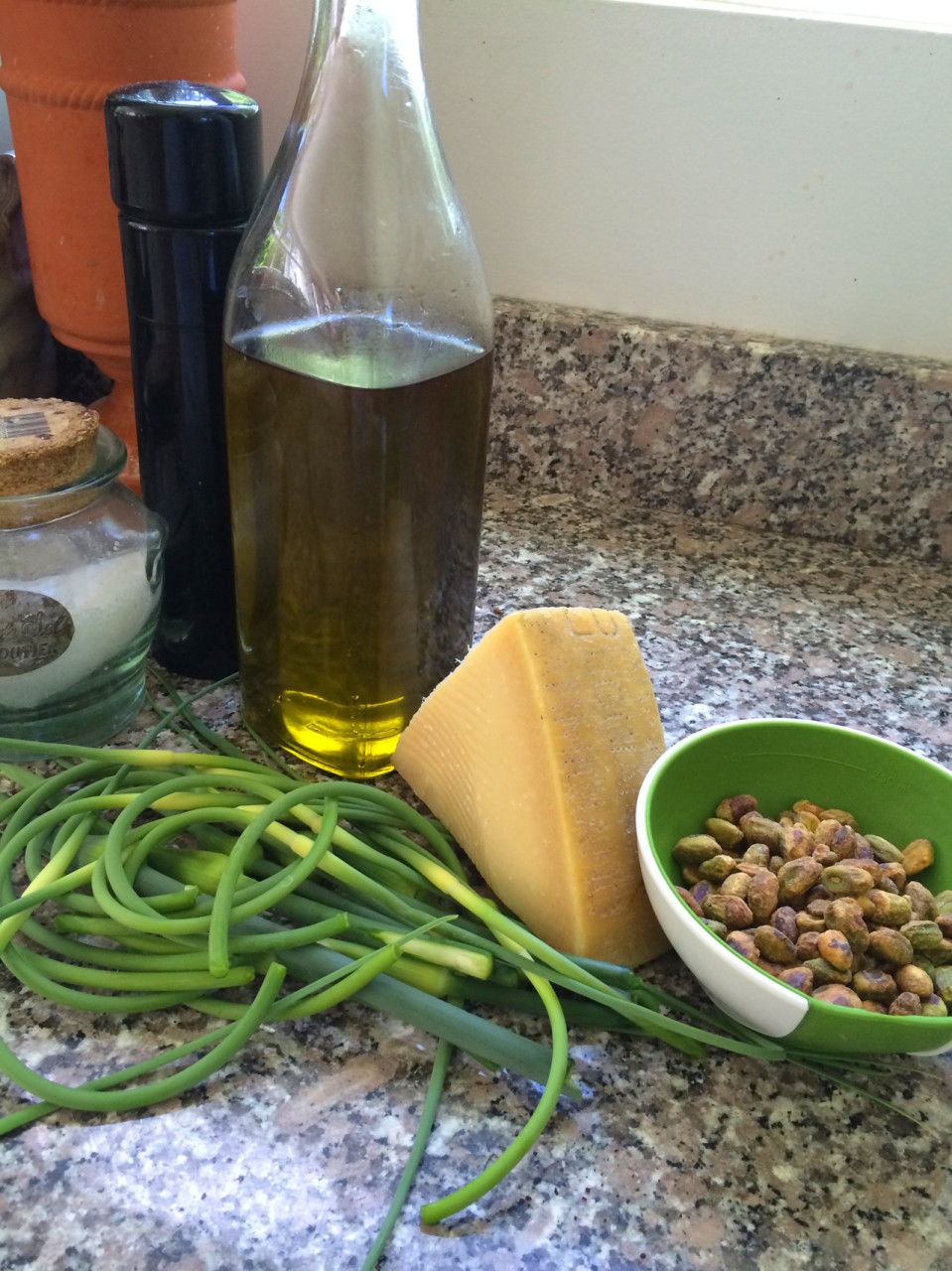 Ingredients for "Garlic Scape and Pistachio Pesto." (Kathy Gunst)
