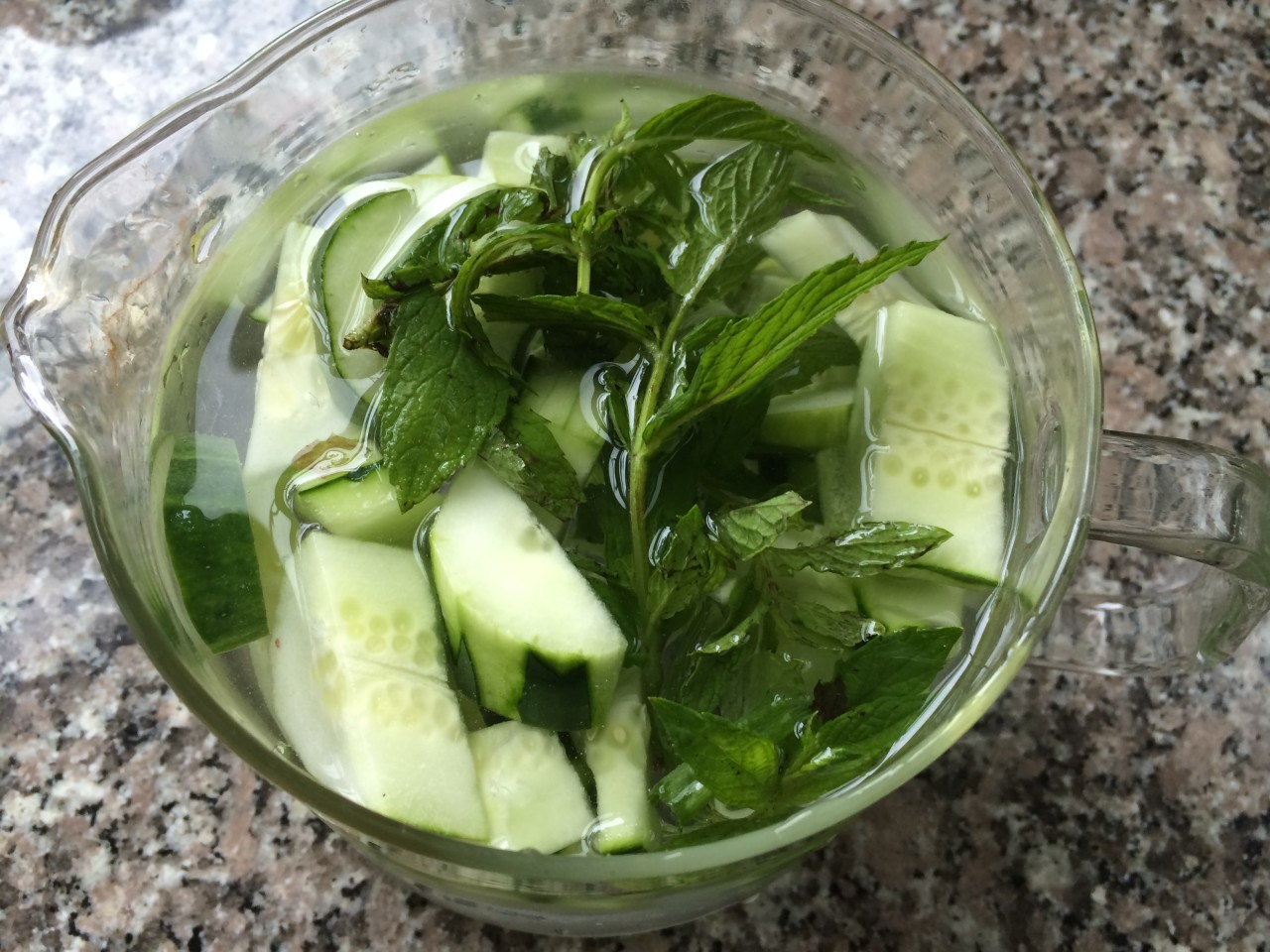 Pretend you're at a spa with this cucumber-mint water. (Kathy Gunst/WBUR)