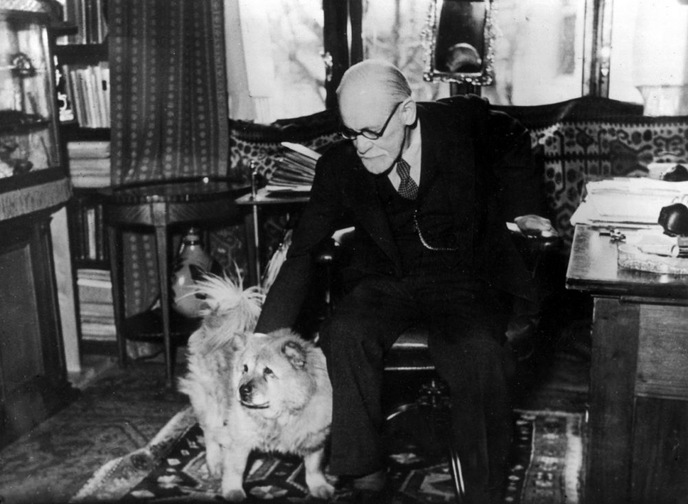 Austrian psychoanalyst Prof. Sigmund Freud and his dog &quot;Jofi&quot; in his office in Vienna, Austria, in 1937. (AP)