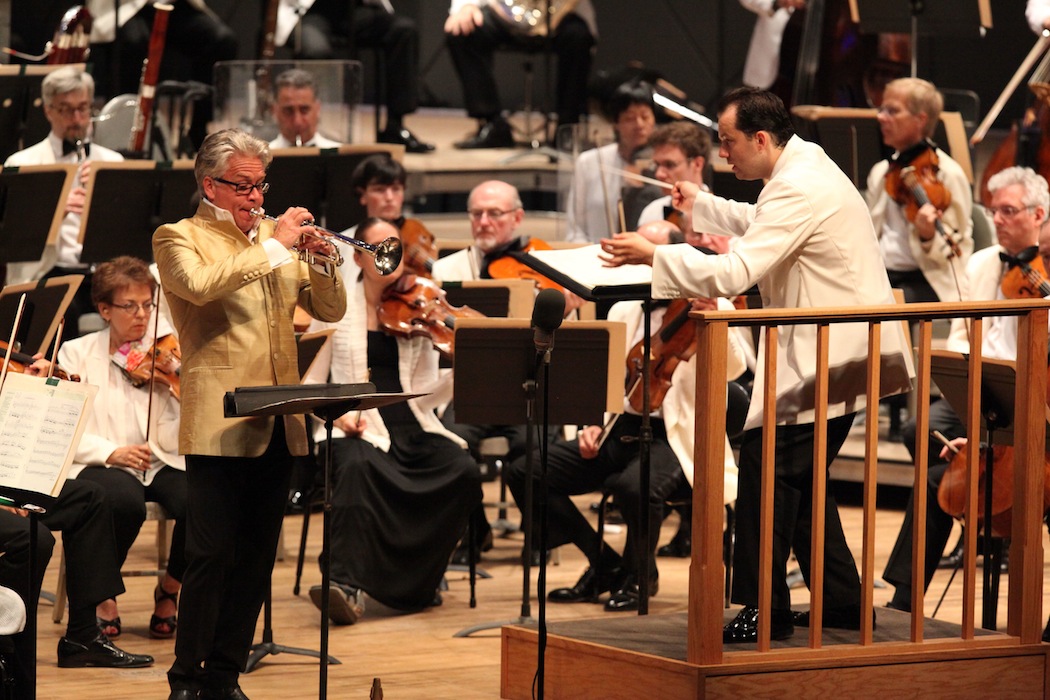 Håkan Hardenberger.performs Rolf Martinsson's "Bridge" Saturday night at Tanglewood, under the direction of Andris Nelsons. (Hilary Scott)