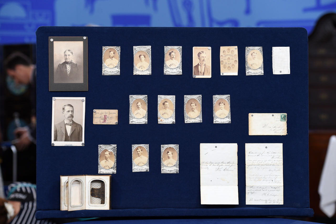 Items that are part of the largest collection of early Boston baseball memorabilia in the 19-year history of the program "Antiques Roadshow" in New York. (Leila Dunbar, Meredith Nierman/AP)