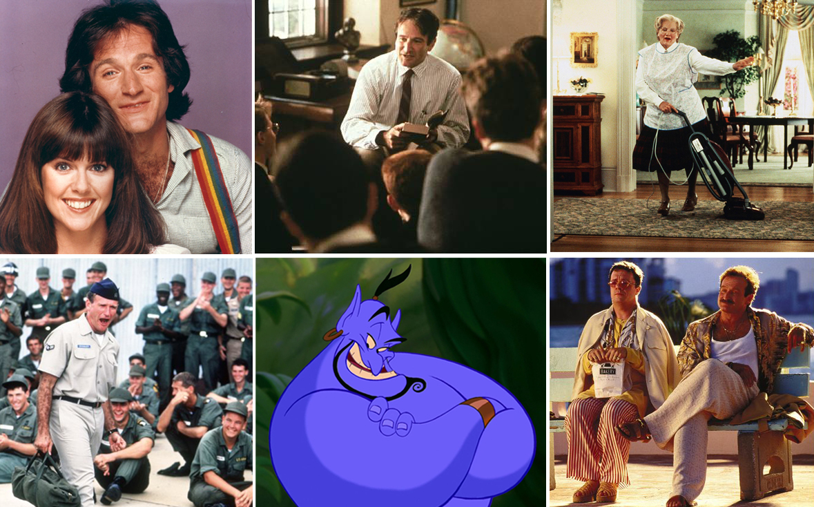 Robin Williams is known for many roles, including (clockwise from top left): "Mork & Mindy," "Dead Poets Society," "Mrs. Doubtfire," "The Birdcage," "Aladdin" and "Good Morning, Vietnam."